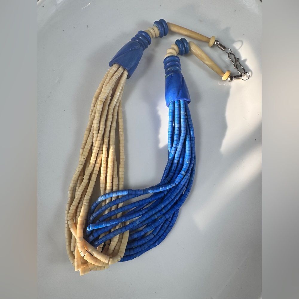 Vintage Dyed Blue and Cream Bone Beaded Necklace